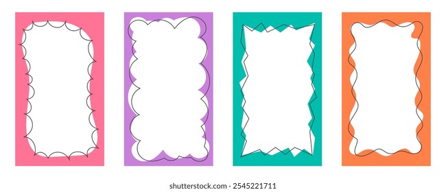 Wavy border frame. Scalloped rectangle fun shape. Hand drawn kids vector box for picture and photo. Cartoon doodle abstract color template with wiggle edge. Curvy Y2K decoration.