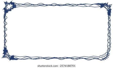 Wavy Border Frame with Sharp Corner Embellishments, Indigo Blue Abstract Line Design, Modern Minimalist Graphic with Open White Space for Text or Image