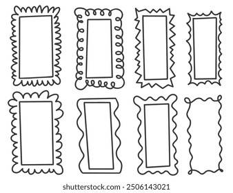 Wavy border frames. Rectangle square scallop shapes. Squiggle hand drawn doodle boxes. Retro curved decorative simple decoration. Retro aesthetic vector lines