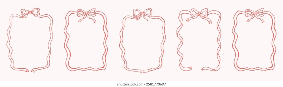 Wavy border frames. Set bow frames template with space for text. Hand drawn frames with cute bow isolated on background