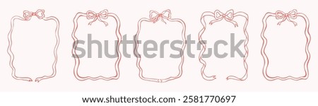 Wavy border frames. Set bow frames template with space for text. Hand drawn frames with cute bow isolated on background