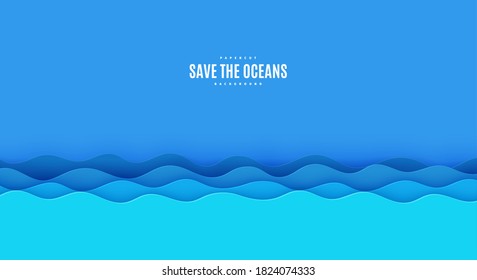 Wavy border in paper cut style. World Oceans Day 8 June cut out from cardboard blue waves. Vector 3d ecological poster cut out from paper. Craft save the sea card. Origami water for your design