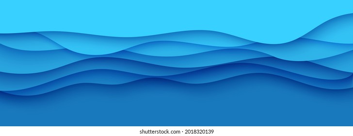 Borde ondulado en estilo de corte de papel. 3d fondo abstracto con ondas profundas y cubierta moderna. Capas de color azul con una sombra suave en el papel. Ilustración de la tarjeta vector plantilla de entorno origami