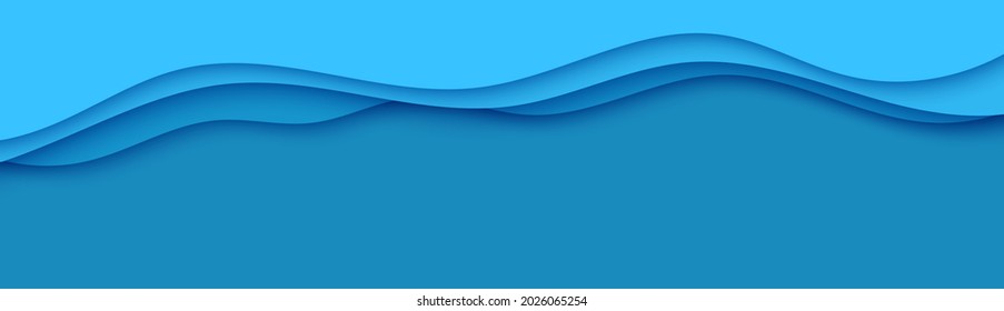Wavy border in paper cut style. 3d abstract background with cut out deep waves modern cover. Blue color layers with smooth shadow papercut art. Vector card illustration origami environment template