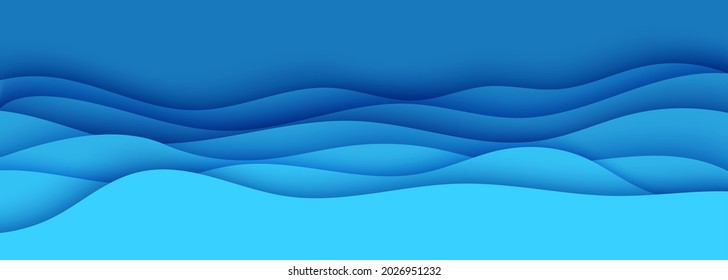 Wavy border in paper cut style. 3d abstract background with cut out deep waves modern cover. Blue color layers with smooth shadow papercut art. Vector card illustration origami environment template