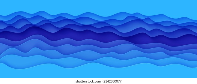 Wavy border in paper cut style. 3d abstract background with cut out deep waves modern cover. Blue color layers with smooth shadow papercut art. Vector card illustration origami environment template