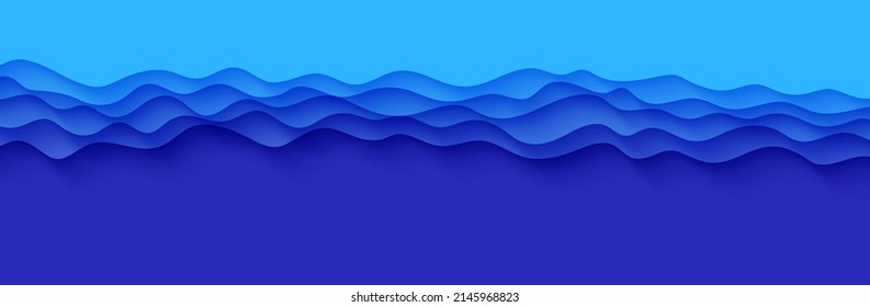 Wavy border in paper cut style. 3d abstract background with cut out deep waves modern cover. Blue color layers with smooth shadow papercut art. Vector card illustration origami environment template