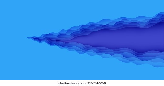 Wavy Grenze im Papierschnitt-Stil. 3D abstrakter Hintergrund mit ausgeschnittenen tiefen Wellen, modernes Cover. Blaue Farbschichten mit glatter Schattenpapierschnitt-Kunst. Origami-Vorlage für Vektorkartengrafik