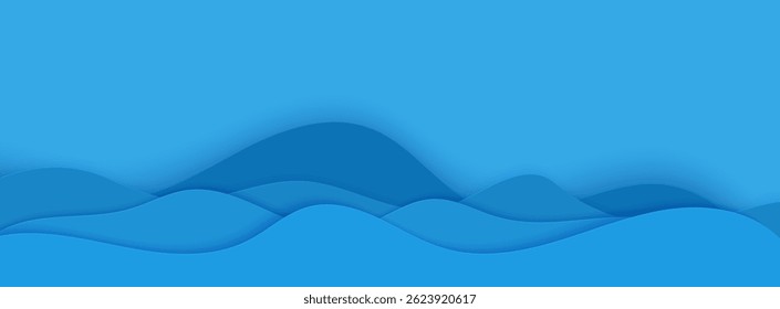 Wavy border in paper cut style. 3d abstract background with cut out deep waves modern cover. Blue color layers with smooth shadow papercut art. Vector card illustration origami environment template