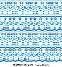 Wavy borders vector seamless pattern. Waves, calligraphic doodle lines ornamental white and blue backgound. Brush lines, hand drawn design elements.
