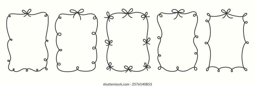 Wavy bow border frames. Set of elegant hand drawn illustrations of bow borders. Hand drawn frames with ribbons.