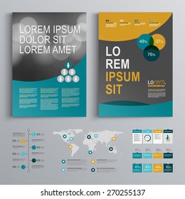 Wavy brochure template design with green and yellow shapes. Cover layout and infographics