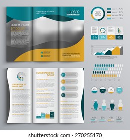Wavy brochure template design with green and yellow shapes. Cover layout and infographics