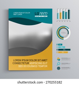 Wavy brochure template design with green and yellow shapes. Cover layout and infographics