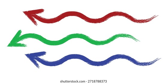 Flechas onduladas de trazo de pincel en rojo, verde y azul que indican la dirección a la izquierda