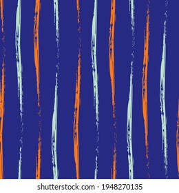 Wavy Brush Stroke Striped Vector Seamless Pattern Background. Undulating Painterly Vertical Alternating Blue Orange Lines On Indigo Backdrop. Hand Drawn Uneven Calligraphy Brush Style Repeat