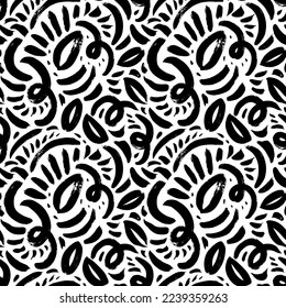 Wavy brush strokes with short lines seamless pattern. Brush drawn abstract scribbles, curved strokes. Vector chaotic decorative texture. Messy doodles, bold curvy lines illustration. Organic shapes. 