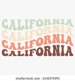 Wavy California, USA Lettering Design. Retro Waves Illustration Vector Design. Hippie Clip art Stacked Text Boho.