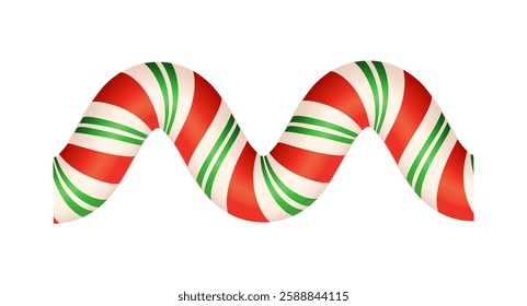 A wavy candy cane with red, white, and green stripes on a white background. The festive design represents Christmas, holidays, and sweet treats. Vector illustration