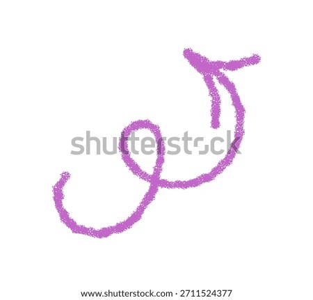 Wavy chalk arrow with hand drawn pastel stroke style. Scribble element forms a dynamic pointer and sketch icon, purple color, rough texture, isolated symbol, ideal for art and creative school