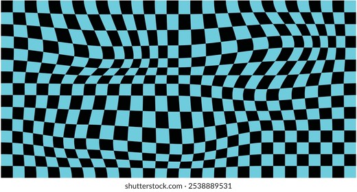 Wavy checker pattern with optical illusion, trippy checkerboard vector background. Back white squares chessboard in swirl or spiral twist distortion for psychedelic and hypnotic visual effect pattern.