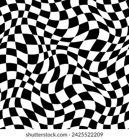 Wavy checker pattern or trippy checkerboard background with optical illusion. Vector black and white checker squares or chessboard swirl with spiral twist distortion for psychedelic hypnotic pattern