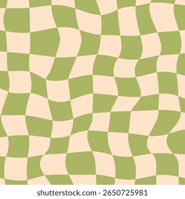 Wavy checkerboard background in green and beige tones. Retro-style distorted squares with a funky and groovy visual effect.Perfect for vintage posters, print, banners and projects with a 70s aesthetic