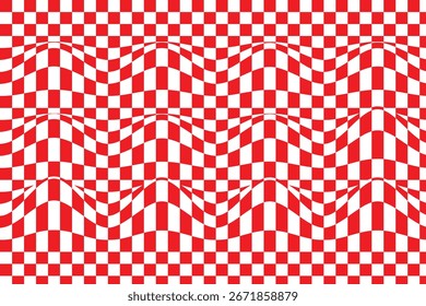 gewellter Schachbretthintergrund. Retro psychedelisch karierte Tapete. Wellenförmige, groovende Schachbrettfläche. Verzerrtes geometrisches Muster.  Trippy Wellenboard geometrisch. 10 EPS