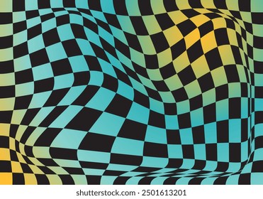 Wavy checkerboard background. Twisted psychedelic pattern. Chequered visual illusion