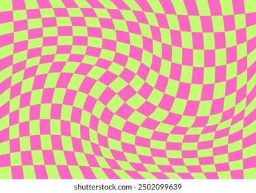 Wavy checkerboard background. Twisted psychedelic pattern. Chequered visual illusion