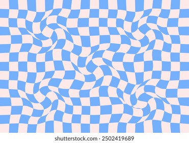 Wavy checkerboard background. Twisted psychedelic pattern. Chequered visual illusion