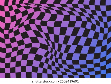Wellenförmiger Schachbretthintergrund. Verdrehtes psychedelisches Muster. Kontrollierte optische Täuschung