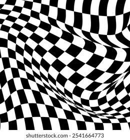 Wavy checkerboard background visual illusion distortion. Chess board. Vector illustration.