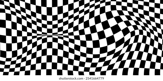 Wavy checkerboard background visual illusion distortion. Chess board. Vector illustration.