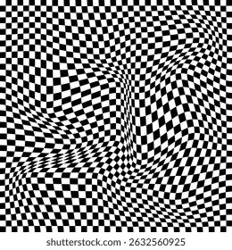 Ilusão óptica ondulada quadriculado. Padrão de tabuleiro de xadrez preto e branco abstrato com distorções onduladas suaves, criando um efeito de ilusão visual hipnótica.