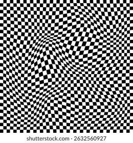 Wavy checkerboard optical illusion. Abstract black and white checkerboard pattern with smooth wavy distortions, creating a hypnotic visual illusion effect.