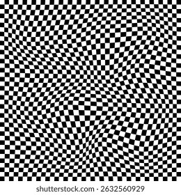 Ilusão óptica ondulada quadriculado. Padrão de tabuleiro de xadrez preto e branco abstrato com distorções onduladas suaves, criando um efeito de ilusão visual hipnótica.
