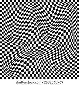 Ilusão óptica ondulada quadriculado. Padrão de tabuleiro de xadrez preto e branco abstrato com distorções onduladas suaves, criando um efeito de ilusão visual hipnótica.
