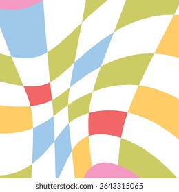 Wavy checkerboard pattern with pastel yellow, blue, pink, red, and green. Modern abstract seamless vector background.