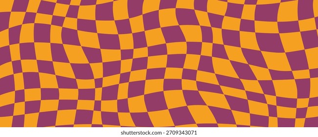 Wavy checkered background with orange and purple distorted squares in abstract Halloween style. Wavy checkered pattern with flowing retro geometry. Vector illustration