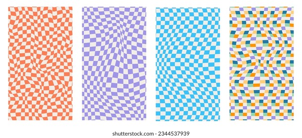 Wavy checkered background with pastel colors. Retro Modern Pattern. Fun hippie checkerboard pattern