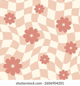 Wavy checkered floral seamless pattern in retro stile. Vintage geometric Background with daisy flower. Distorted checkerboard. Perfect for packaging, textile, branding, wallpaper, web aesthetic Design