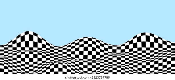 Patrón mareado ondulado sobre fondo azul. piso de ajedrez curvado en blanco y negro. Superficie de textura de cuadrados trippy undulado. Concepto de terreno paisajístico. Papel tapiz de ilusión óptica vectorial.