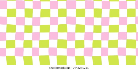 Wavy Checkered Seamless Pattern, Retro Hand Drawn Grid Texture. Funky Contemporary Checker Board Groovy Style. Vector Illustration in Bright Color. Trendy Wallpaper Design. Groovy Chess Pattern.