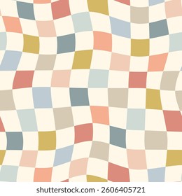 Wavy checkered seamless pattern in retro pastel colors. Vintage geometric Background. Distorted checkerboard. Perfect for packaging, textile, branding, wallpaper, cover, retro aesthetic Design