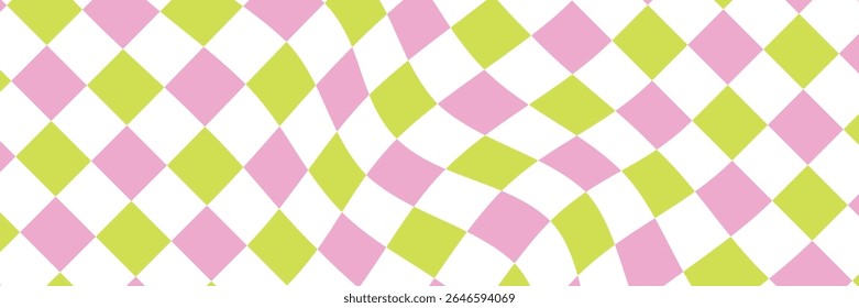 Wavy Checkered Seamless Pattern, Retro Hand Drawn Grid Texture. Funky Contemporary Checker Board Groovy Style. Vector Illustration in Bright Color. Trendy Wallpaper Design. Groovy Chess Pattern.