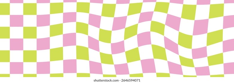 Wavy Checkered Seamless Pattern, Retro Hand Drawn Grid Texture. Funky Contemporary Checker Board Groovy Style. Vector Illustration in Bright Color. Trendy Wallpaper Design. Groovy Chess Pattern.