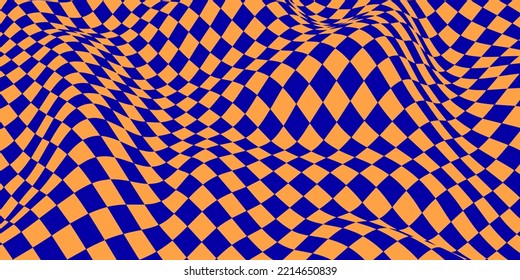 Wavy chess board. Blue-orange chessboard concept. Wave distortion effect. Vector illustration.