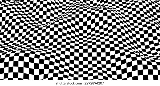  Un tablero de ajedrez ondulado. Concepto de tablero de ajedrez. Efecto de distorsión de onda. Ilustración vectorial.