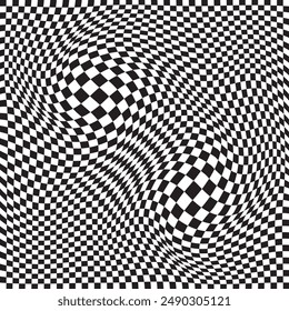 Wavy chess board. Chessboard concept. Wave distortion effect. Retro fluid abstract checkerboard backdrop. Perfect for textile, wallpaper or print design. Vector illustration. eps10